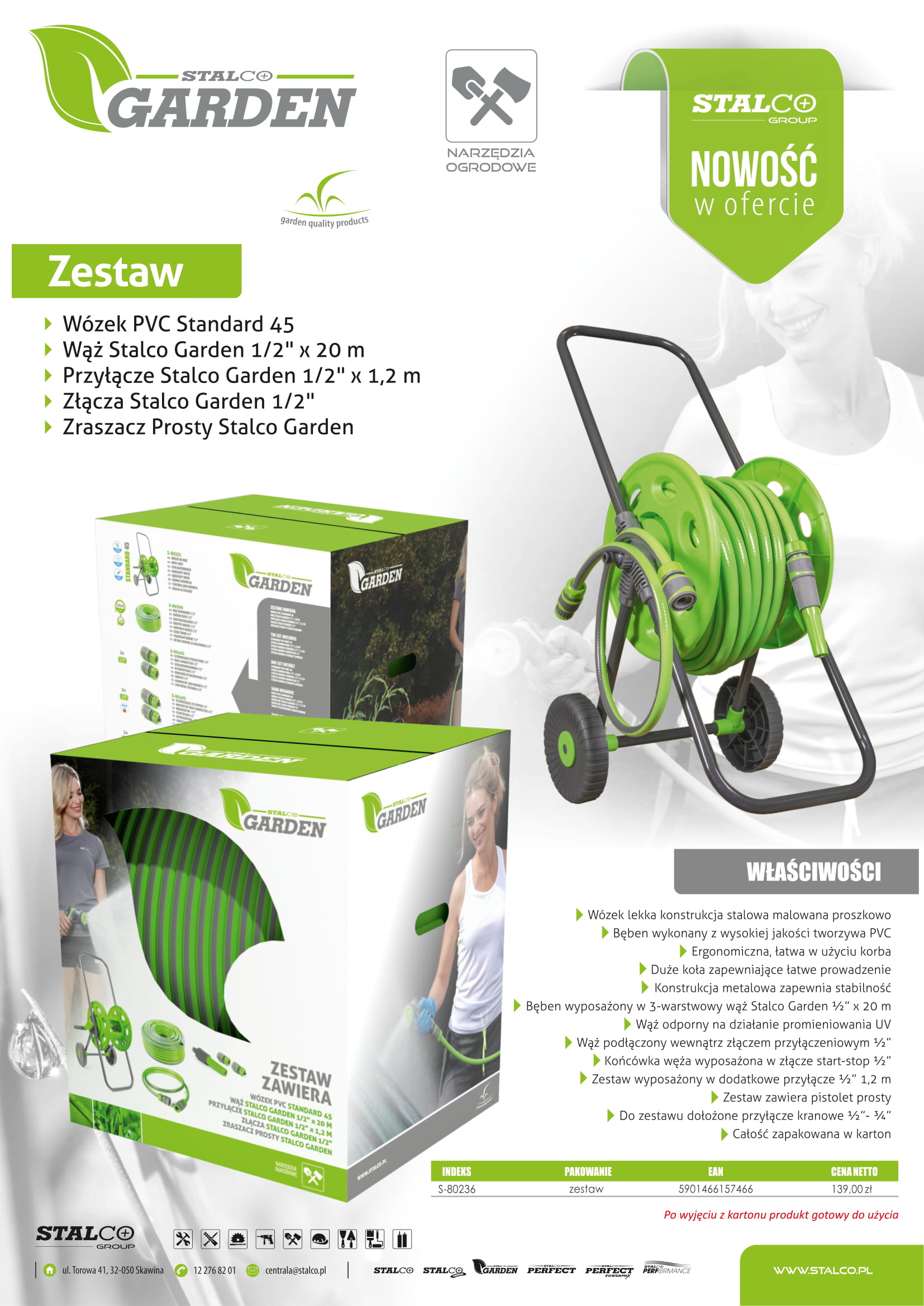 Wózek z przyłączem 1/2″ wraz z wężem 20mb + złączki (zestaw)   STALCO GARDEN - BR-Stalco Leżajsk