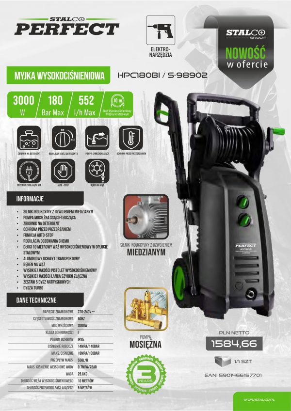 Myjka wysokociśnieniowa 3000W 180bar HPC180BI Stalco Perfect