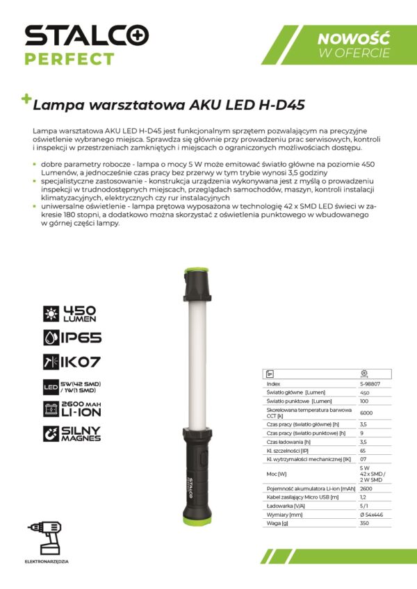 Lampa warsztatowa AKU LED H-D45 Stalco Perfect